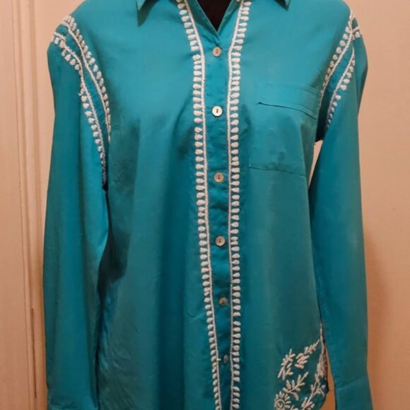 Soft Surroundings Teal Embroidered Button Down Top. Size S/M - Picture 2 of 5
